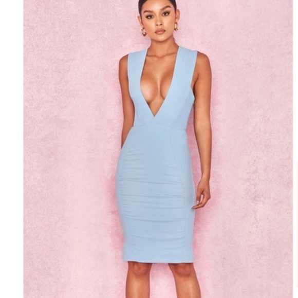 House Of CB, 'Selma' Light Blue plunge Crepe Dress, Size Small - NWT - Picture 3 of 12